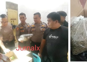 KBO Sat Samapta IPTU Pitra Jaya SP SH bersama Sat Resnarkoba saat periksa kotak warna coklat berisi ganja di Indah Cargo Cabang Pematangsiantar
