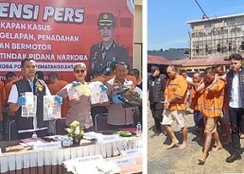 Kapolres Pematangsiantar AKBP Sah Udur SH. SIK. MH didampingi Wakapolres KOMPOL Budiono S, SH. MH, Kasat Reskrim AKP Sandi Riz Akbar S.Tr.k. S.I.K. M.H, Kasat ResNarkoba AKP Irwanta Sembiring, SH, Kasat Intelkam IPTU Hary Isdyanto, SH. MH, Kasi Humas IPTU Agustina Triya Dewi saat konferensi pers