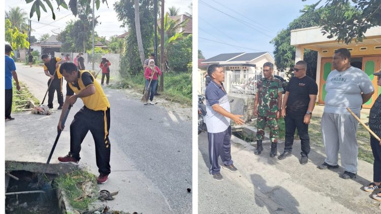 Kapolseķ Sianțar Marihat AKP Doni Simanjuntak SH bersama Bhabinkamtibmas mengikuti gotong royong di Jalan Bahkora Bawah Simpang Hutabagasan