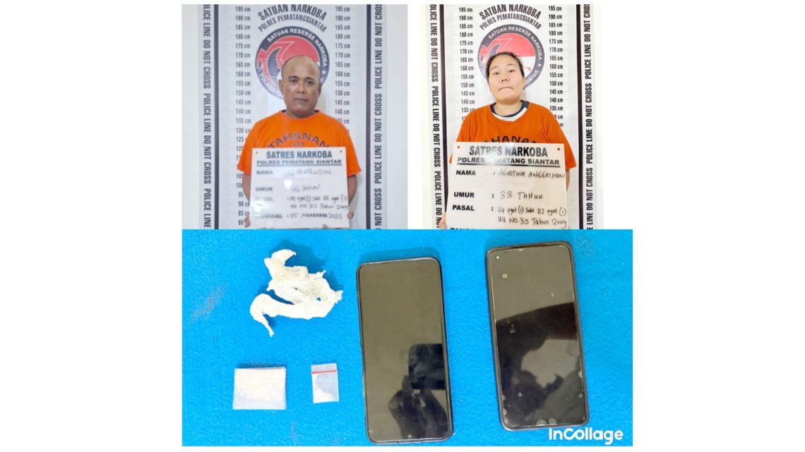 Tersangka Pasutri S dan AA beserta barang bukti diamankan di Sat Resnarkoba Polres Siantar