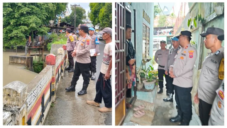 Kapolseķ Siantar Selatan IPTU Priston Simbolon bersama PS.Kanit Binmas Aiptu Panogaran Manurung, PS. Kanit Propam Bripka Fai J Silalahi dan Personil Bhabinkamtibmas monitoring situasi debit air aliran arus sungai