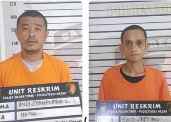 Dua pelaku pencurian kabel listrik milik Pemko Medan diarea underpass Jalan Prof.H.M.Yamin, Medan diringkus personel Polsek Medan Timur. (Foto Ist)