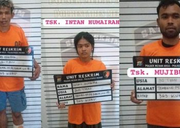 Tiga pelaku pencurian rokok senilai hampir Rp 40 yang ditangkap Polsek Medan Area. (Foto Ist)