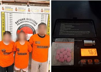 Ketiga tersangka, Wilson Jansen Sitorus, Sry Minami Br. Sitorus dan Sri Wulandari beserta barang bukti