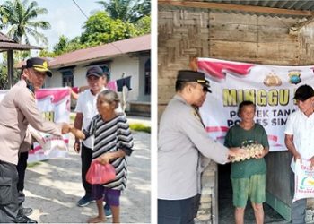 Kapolsek Tanah Jawa Kompol Asmon Bufitra, S.H. M.H bersama jajaran personilnya salurkan sembako kepada warga kurang mampu di Lingkungan Sipintu Pintu