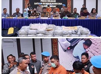 Kapolres Asahan AKBP Revi Nurvelani saat paparan atas tertangkapnya dua kurir narkoba yang membawa 76 Kg sabu tujuan Palembang. (Foto Ist)