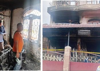 Personil piket Polsek Siantar Timur dipimpin Kanit Reskrim IPDA Jhonson Panjaitan SH dampingi Tim Labfor Polda Sumut selidiki kebakaran rumah berlantai 3 di Jalan Udang