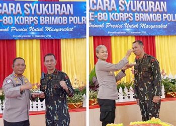 Kapolres Simalungun AKBP Marganda Aritonang, S.H. S.I.K. M.M dan Kapolres Pematangsiantar AKBP Sah Udur T.M. Sitinjak SH. SIK. MH memberikan kue HUT Brimob Polri ke-80 kepada Danki 2 Batalyon B Sat Brimob Polda Sumut AKP Laurensius Siahaan, SH.
