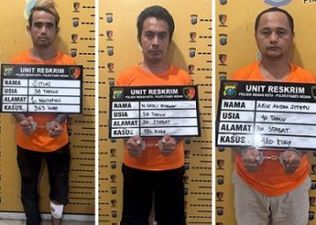 Para pelaku pencurian mobil di SPBU Singapore Station, Jalan Brigjend Katamso, Sei Mati, Medan Maimun, Kota Medan yang ditangkap Polsek Medan Kota. (Foto Ist)