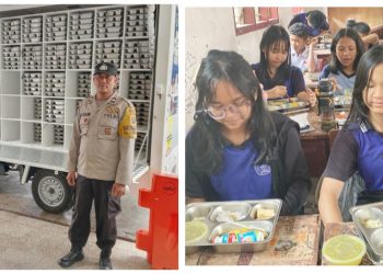 Bhabinkamtibmas Kelurahan Pardomuan AIPDA Hardi N Silalahi melaksanakan monitoring pendistribusian Makanan Gizi Gratis (MBG) di UPTD SMP Negeri 1