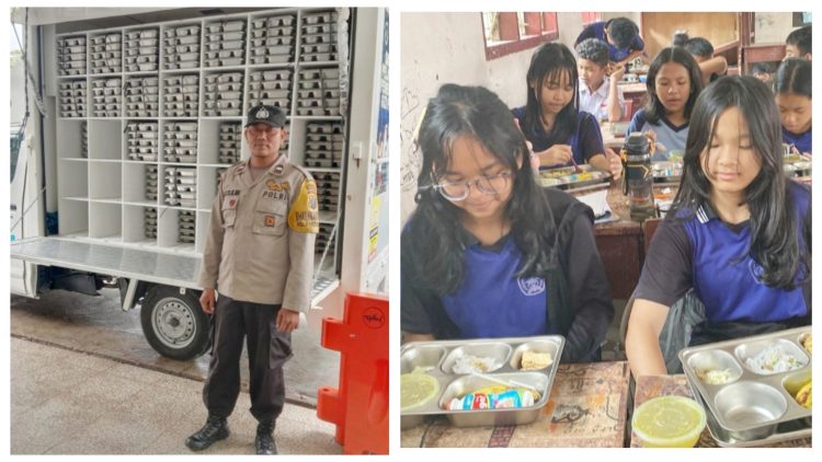 Bhabinkamtibmas Kelurahan Pardomuan AIPDA Hardi N Silalahi melaksanakan monitoring pendistribusian Makanan Gizi Gratis (MBG) di UPTD SMP Negeri 1