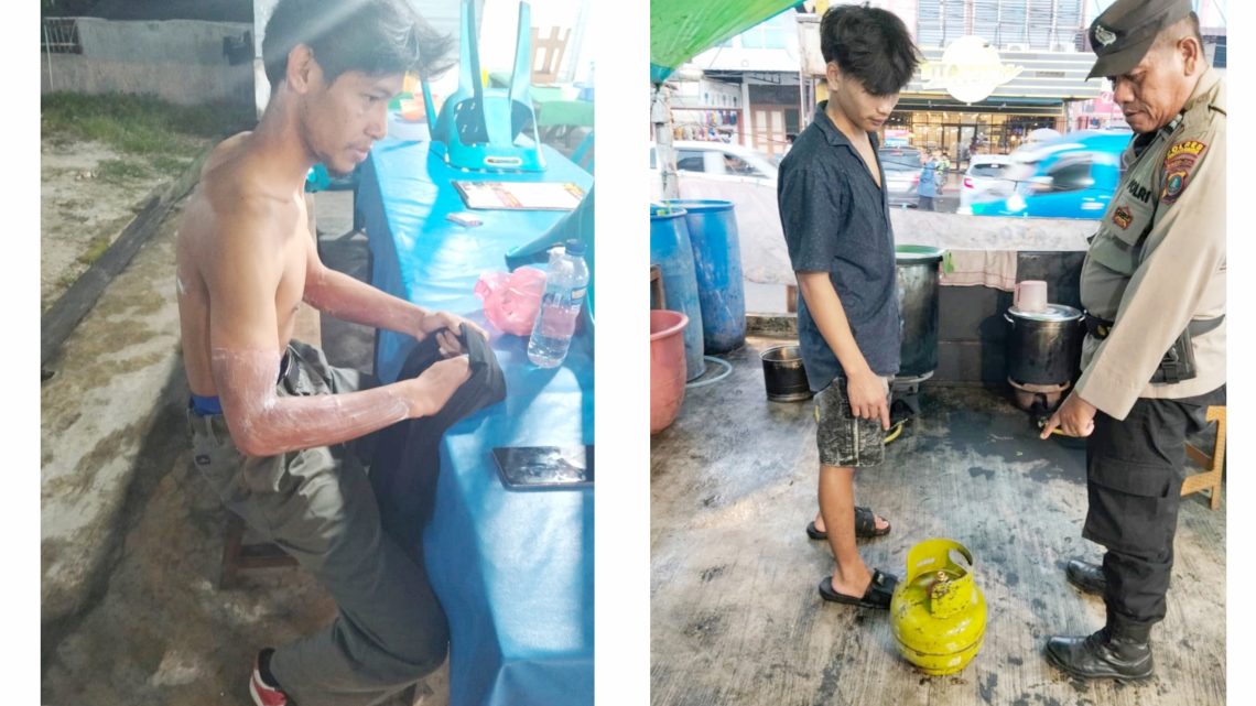 personil piket Polsek Siantar Selatan saat olah TKP dan Fauzi Azhari luka bakar ditangan kirinya