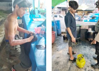 personil piket Polsek Siantar Selatan saat olah TKP dan Fauzi Azhari luka bakar ditangan kirinya