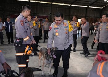 Kapolda Sumut Irjen. Pol. Whisnu Hermawan Februanto menyambut kedatangan tim K9 dari Mabes Polri di Bandara Silangit, Taput (Foto Ist)