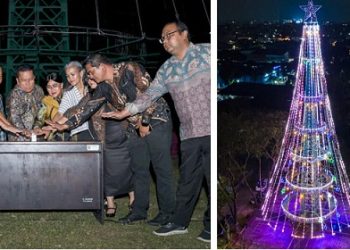 Kapolres Pematangsiantar AKBP Sah Udur T.M. Sitinjak SH. SIK. MH bersama Forkopimda saat penyalaan Pohon Terang 
