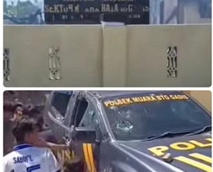 Polsek Muara Batang Gadis di Pasar I, Muara Batang Gadis, Mandailing Natal dibakar massa. (Foto Ist)