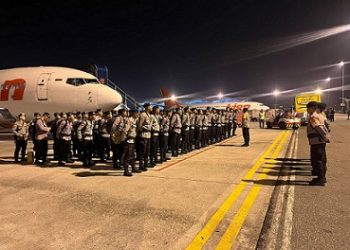 Ratusan personel Satuan Brimob dari berbagai daerah tiba di Bandara Internasional Kualanamu, Kabupaten Deli Serdang (Foto Ist)