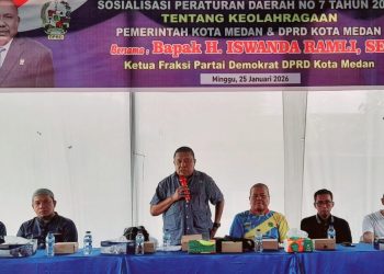 Anggota DPRD Medan H. Iswanda Ramli SE saat sosialisasi ke 1 Tahun 2026 Perda No. 7 Tahun 2022 tentang Keolahragaan. (Foto Ist)