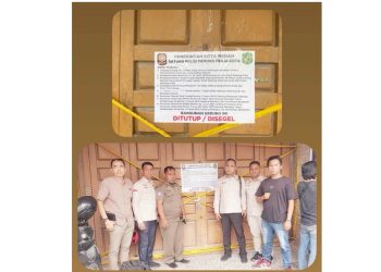 Pengurus MAI Medan dampingi Satpol PP Medan segel sebuah ruko berlantai dua di Jalan Brigjen Zein Hamid, Kelurahan Titi Kuning, Kecamatan Medan Johor. (Foto Ist)