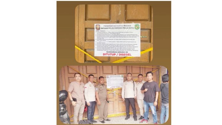 Pengurus MAI Medan dampingi Satpol PP Medan segel sebuah ruko berlantai dua di Jalan Brigjen Zein Hamid, Kelurahan Titi Kuning, Kecamatan Medan Johor. (Foto Ist)