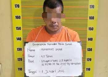 Warga asal Kabupaten Aceh Utara diduga kurir narkotika yang ditangkap Polda Sumut dengan barang bukti 5 kg sabu. (Foto Ist)