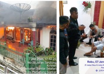 Kapolsek Siantar Selatan IPTU Priston Simbolon saat pimpin cek TKP dan kondisi rumah di jalan Nias masih terbakar