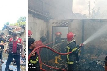 Kanit Intelkam IPDA Leo Tambunan SH mengamankan barang bukti dan petugas Damkar saat padamkan kobaran api