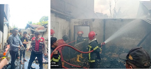 Kanit Intelkam IPDA Leo Tambunan SH mengamankan barang bukti dan petugas Damkar saat padamkan kobaran api
