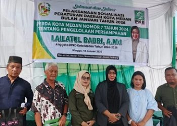 Anggota DPRD Medan Lailatul Badri saat pelaksanaan Sosper ke I Tahun 2026  tentang produk hukum Pemko Medan Perda No 7 Tahun 2024 tentang Perubahan atas Perda No 6 Tahun 2015 tentang pengelolaan Persampahan (Foto Ist)