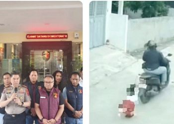 Direktur Reserse Kriminal Umum Polda Sumut, Kombes Pol Ricko Taruna Mauruh didampingi Kasubdit III Jatanras Kompol Jama Purba saat paparan kasus bocah perempuan yang terseret 100 meter karena ponselnya dirampas. (Foto Ist)