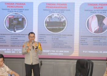 Kapolrestabes Medan Kombes Pol Jean Calvijn saat paparan soal media sosial dengan narasi “korban jadi tersangka”,
Aula Patriatama Polrestabes Medan (Foto Ist)