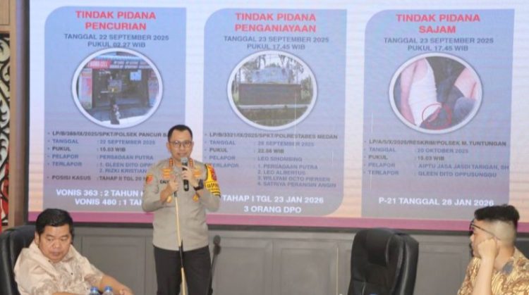 Kapolrestabes Medan Kombes Pol Jean Calvijn saat paparan soal media sosial dengan narasi “korban jadi tersangka”,
Aula Patriatama Polrestabes Medan (Foto Ist)