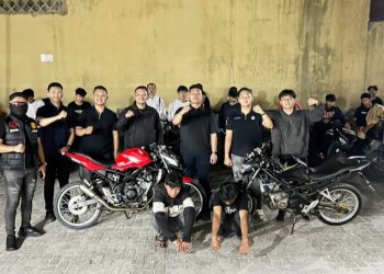 Timsus Dayok Mirah Polres Pematangsianțar saat amankan dua orang dan 19 Sepedamotor Knalpot Brong