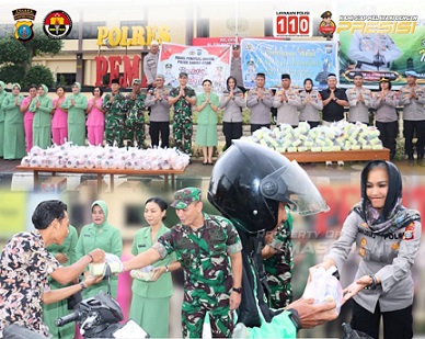 Kapolres Pematangsiantar AKBP Sah Udur T.M. Sitinjak SH. SIK. MH bersama Dandim 0207/Simalungun (SML) LETKOL Inf. Gede Agus Dian Pringgana S.Sos., M.M.A.S. M.Han berbagi takjil kepada masyarakat menjelang berbuka puasa tepat didepan Mako Polres Pematangsiantar