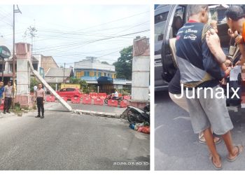 Kasat Samapta AKP Mariduk Tambunan bersama KBO Sat Sampat IPTU Pitra Jaya SP SH saat cek TKP dan pengendara sepedamotor Honda Vario Ipan Hutahuruk ditolong warga