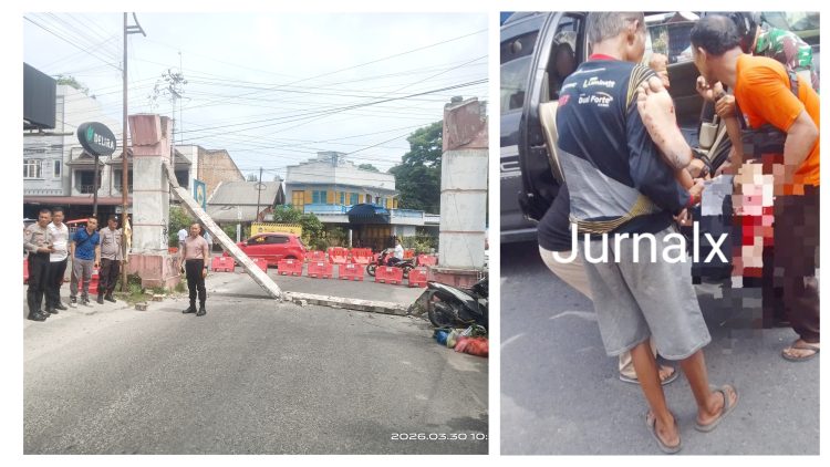 Kasat Samapta AKP Mariduk Tambunan bersama KBO Sat Sampat IPTU Pitra Jaya SP SH saat cek TKP dan pengendara sepedamotor Honda Vario Ipan Hutahuruk ditolong warga