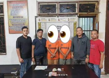 Kedua tersangka, MPH dan HAN beserta barang bukti diapit Kanit Reskrim IPDA Hot Situngkir SH dan Tim Opsnal