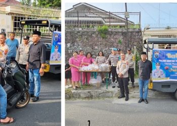 Kapolsek Siantar Timur IPTU Edy J.J. Manalu SH. MH bersama para personil dan Pengurus Bhayangkari Ranting saat berbagi takjil kepada masyarakat