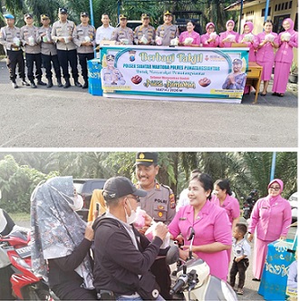 Kapolsek Siantar Martoba AKP Martua Manik bersama personil, Ketua Ranting Bhayangkari dan pengurus saat berbagi takjil kepada masyarakat