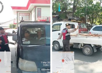 AIPTU M. Saragih, AIPDA Shohibul H, BRIPKA Agus S.R dan BRIPKA Dedy Siregar melaksanakan monitoring dan antisipasi kemacetan di SPBU