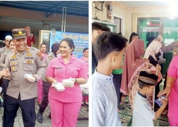 Kapolsek Siantar Marihat AKP Doni Simanjuntak SH dan Ketua Ranting Bhayangkari Siantar Marihat Ny. Marlina Doni Simanjuntak saat berbagi takjil kepada masyarakat  dan talih asih kepada anak yatim/piatu