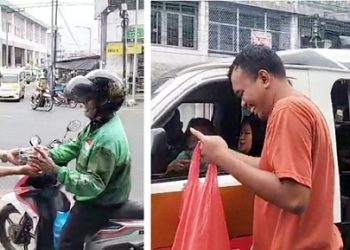 Direksi Angkota CV SKB, Francis Nababan saat berbagai takjil kepada penumpang dan masyarakat 