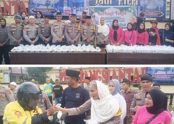 Kapolres Pematangsiantar AKBP Sah Udur T.M. Sitinjak SH. SIK. MH, Wakapolres Kompol Budiono Saputro SH. MH serta Para Pejabat Utama termasuk Kasat Samapta AKP Mariduk Tambunan SH. MH dan Kasat Binmas AKP Maxi J. Manurung SH saat berbagi takjil kepada masyarakat 