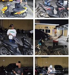Ke enam pengendara sepedamotor yang diiamankan menunjukkan knalpot brong masing masing