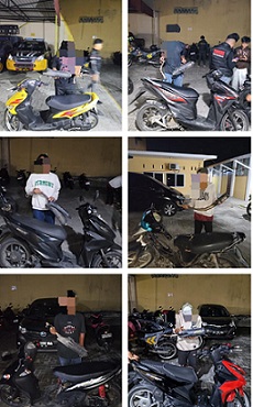Ke enam pengendara sepedamotor yang diiamankan menunjukkan knalpot brong masing masing