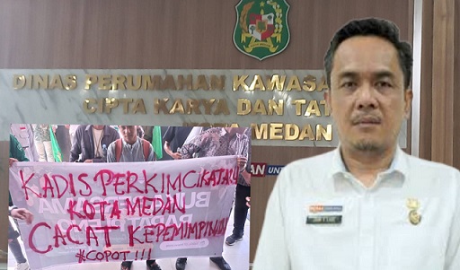 Puluhan massa unjuk rasa di Kantor Perkimcikataru yang dipimpin Jhon Ester Lase yang meminta Wali Kota Medan lakukan mencopot karena maraknya bangunan tanpa PBG dan mendesak APH usut proyek dinas tersebut. (Foto Romulo/ jurnalx.co.id)