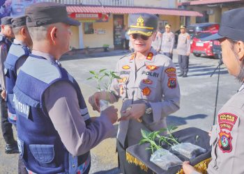 Kapolres Pematangsiantar AKBP Sah Udur T.M. Sitinjak SH. SIK. MH memberikan simbolis bantuan bibit cabe dan terong kepada seluruh Bhabinkamtibmas.