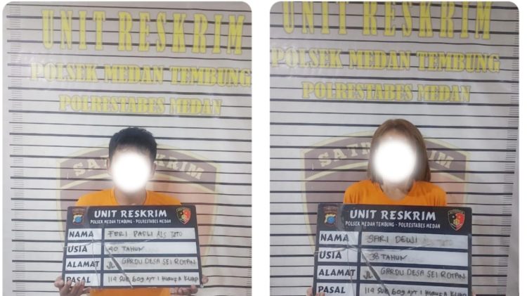 Pasangan suami istri yang terlibat penjualan narkotika jenis sabu dan ekstasi yang ditangkap Polsek Medan Tembung. (Foto Ist)