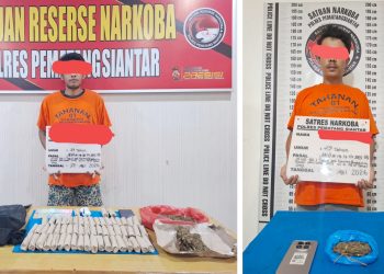 Kedua tersangka, GM alias Gunawan dan IWS beserta barang bukti yang ditangkap Sat Resnarkoba Polres Pematangsiantar