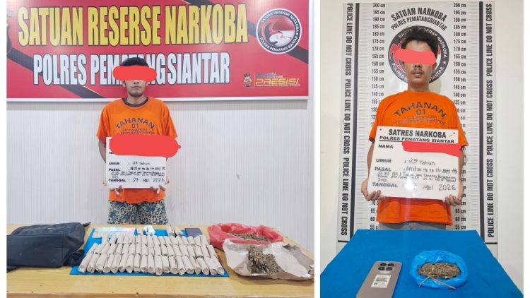 Kedua tersangka, GM alias Gunawan dan IWS beserta barang bukti yang ditangkap Sat Resnarkoba Polres Pematangsiantar